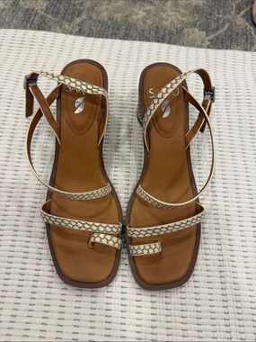 SARTO By Franco Sarto Tan Leather Sandals with Cream Patterned Straps